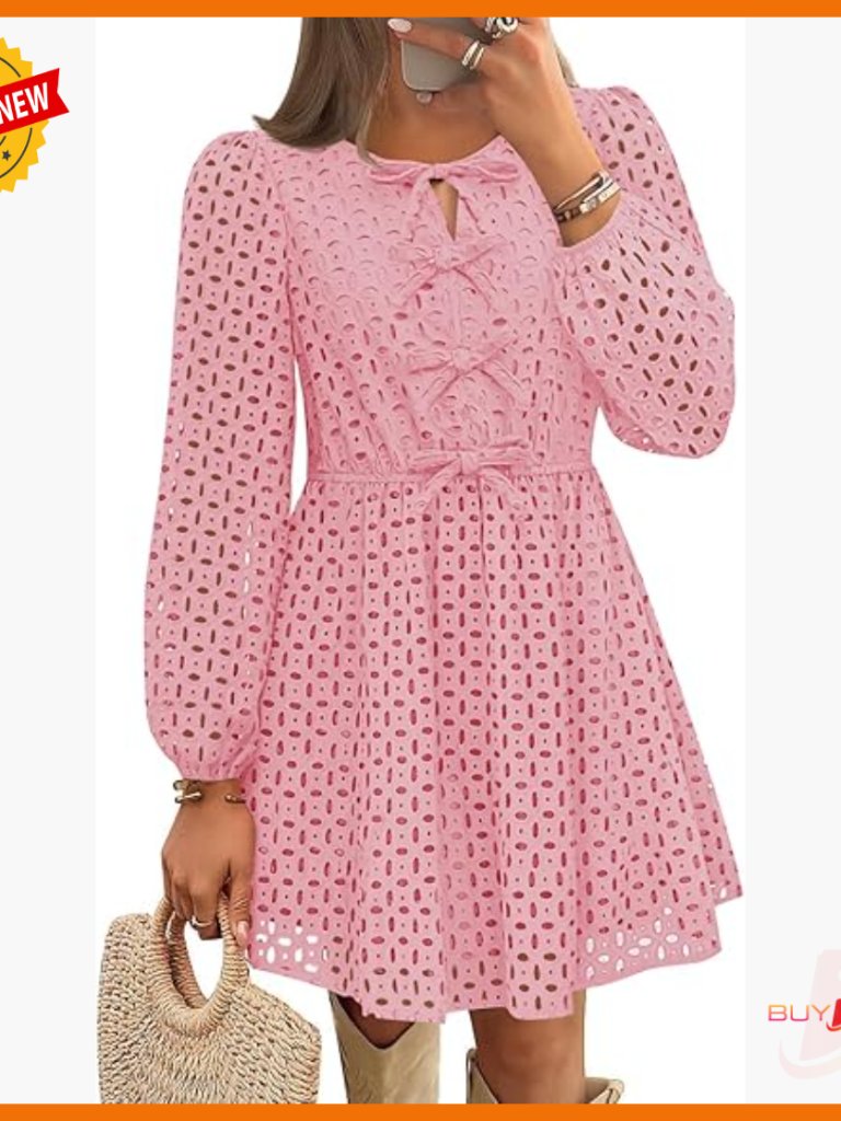 Long Sleeve Mini Dress Tie Front Babydoll Hollow Out Eyelet Fall Casual